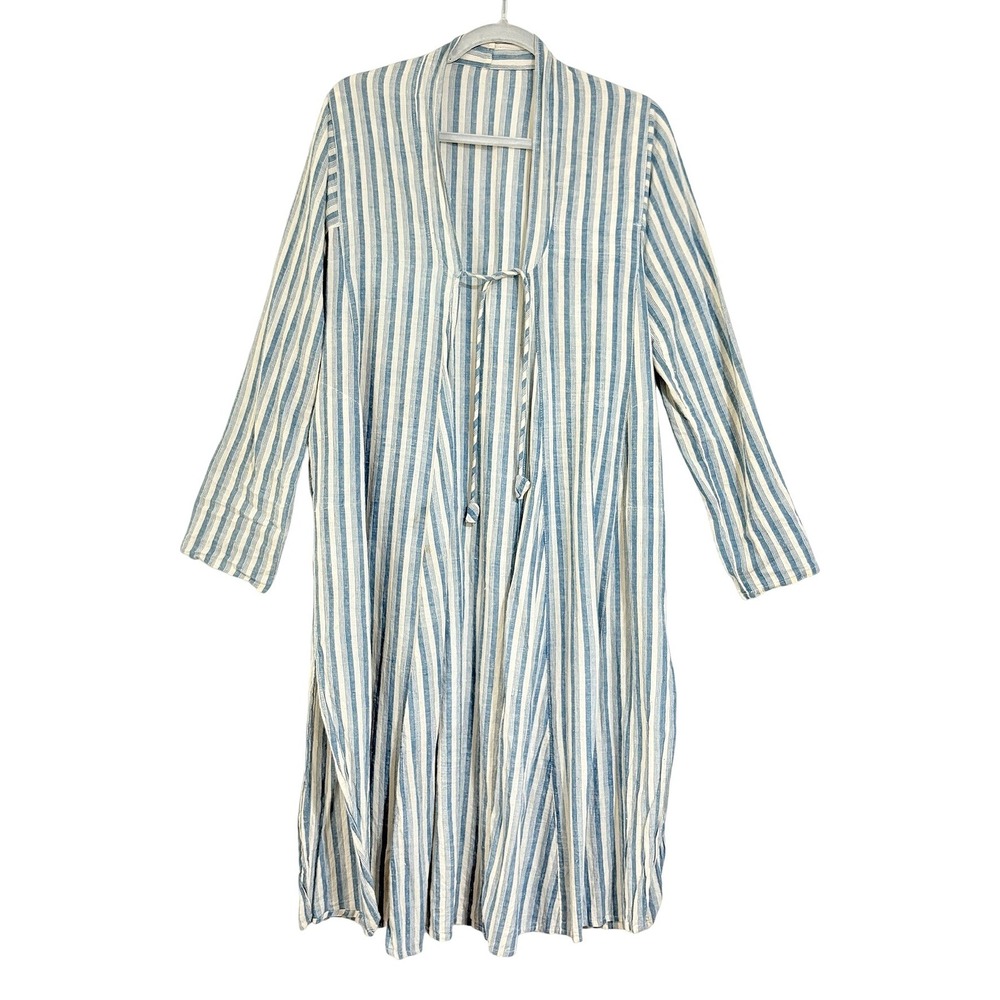 Vintage Blue White Striped Tie Front Duster Robe Kaftan Long Sleeve Midi XL